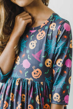 Mila & Rose ® Skeleton Themed Twirl Dress With Three Quarter Sleeves And Pocket For Kids - 