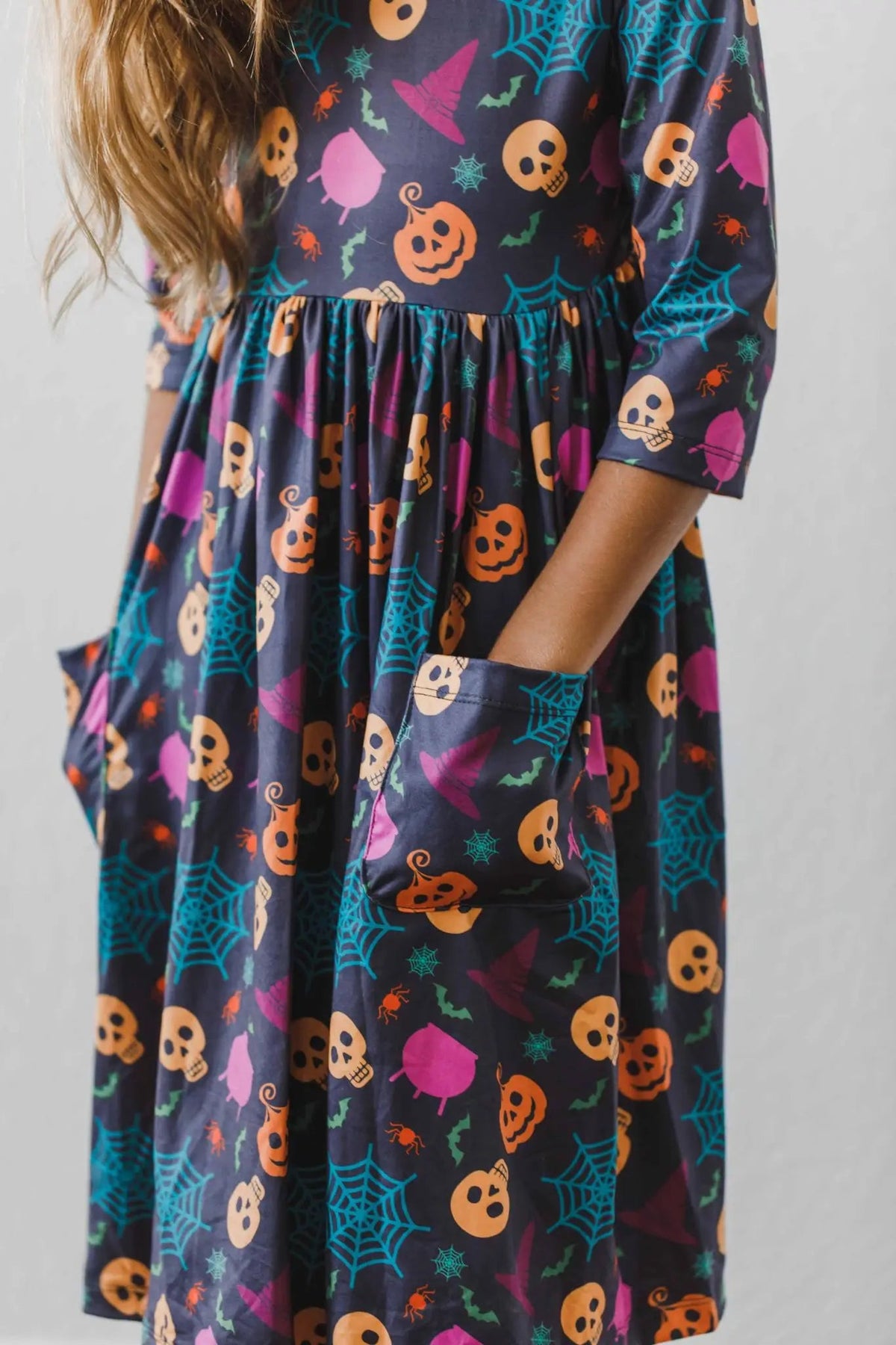 Mila & Rose ® Skeleton Themed Twirl Dress With Three Quarter Sleeves And Pocket For Kids - 