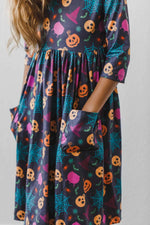 Mila & Rose ® Skeleton Themed Twirl Dress With Three Quarter Sleeves And Pocket For Kids - 