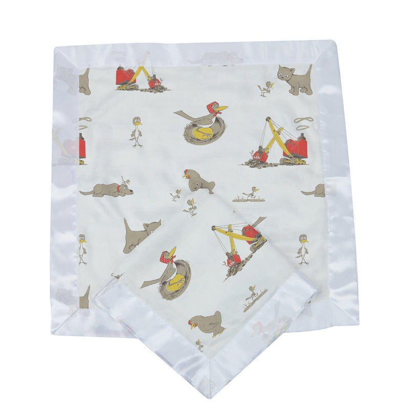 Are You My Mother bamboo muslin security baby blankie with illustrated characters.