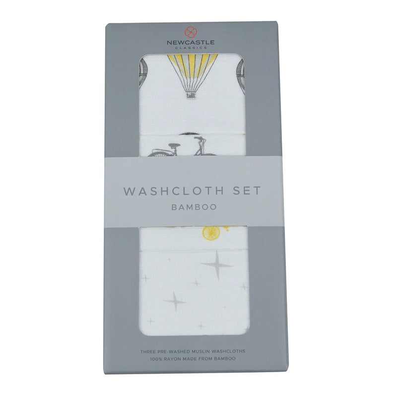 World Traveler Bamboo Washcloth Set 3PK in packaging with colorful prints, 12"x12" size, 100% natural bamboo muslin.