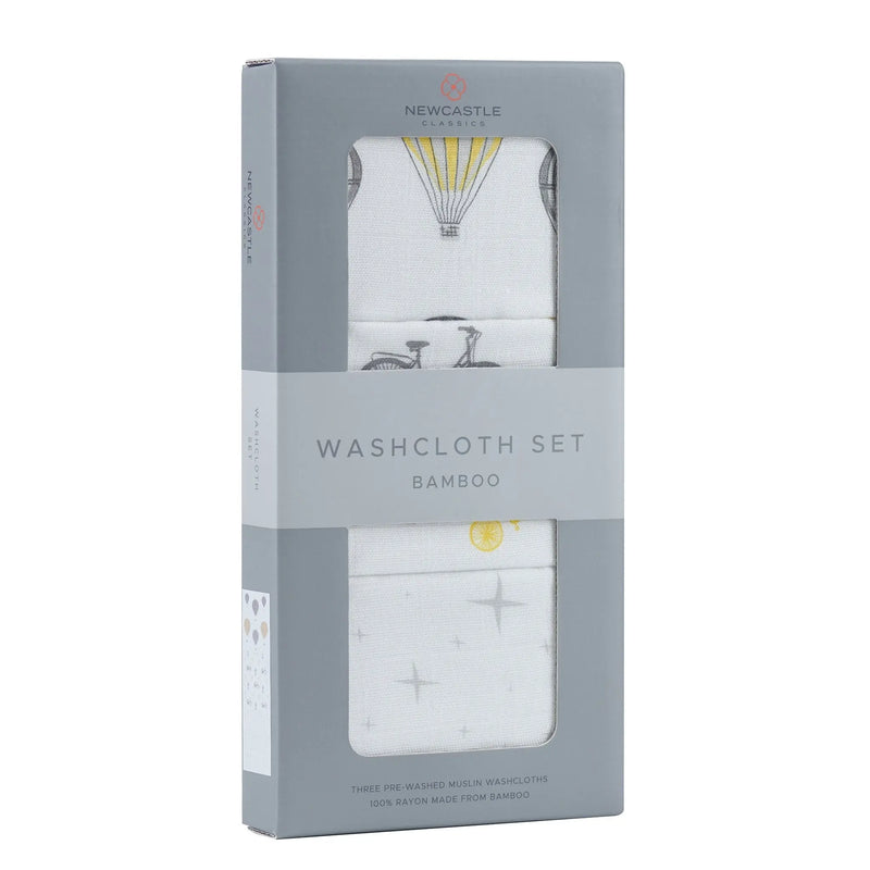 World Traveler Bamboo Washcloth Set 3PK in retail packaging with colorful, printed bamboo muslin cloths.