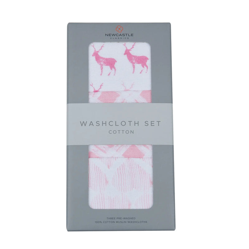 Pop of Pink Cotton Washcloth Set 3PK with colorful prints and attached drying loop, 100% cotton, size 12"x12" (30cm x 30cm).