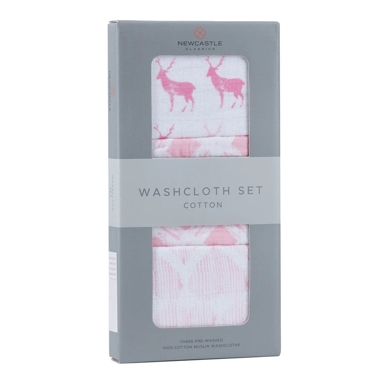 Pop of Pink Cotton Washcloth Set with pink prints in packaging.