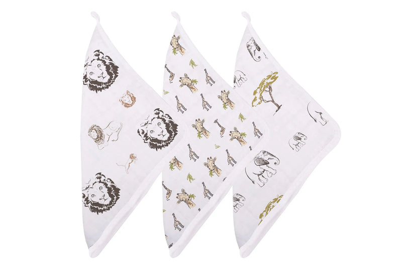 Bamboo washcloth set with colorful animal prints, 12" x 12", featuring an attached loop for drying.