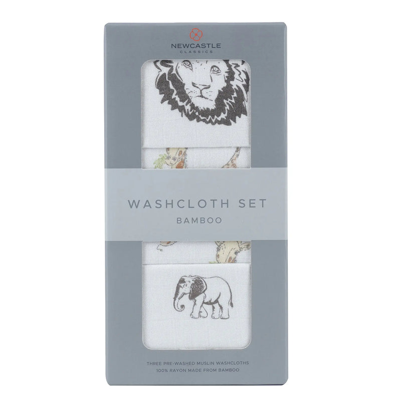 On The Savannah Washcloth Set 3pk in packaging featuring animal prints, made from natural bamboo muslin.