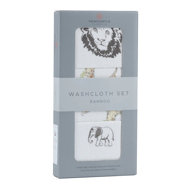 On The Savannah Washcloth Set 3pk with animal prints, made from bamboo muslin, size 12" x 12".