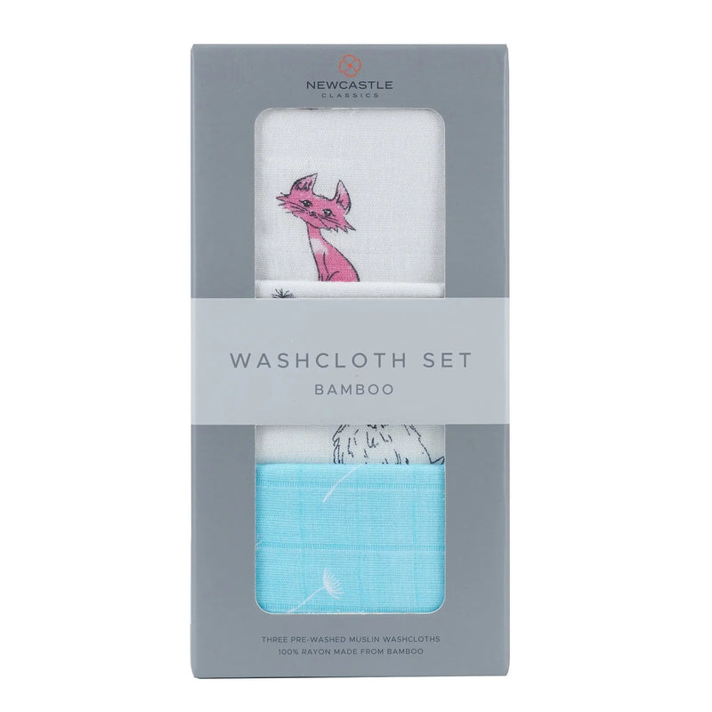 Dandelions Bamboo Washcloth Set 3PK with colorful prints and drying loop.