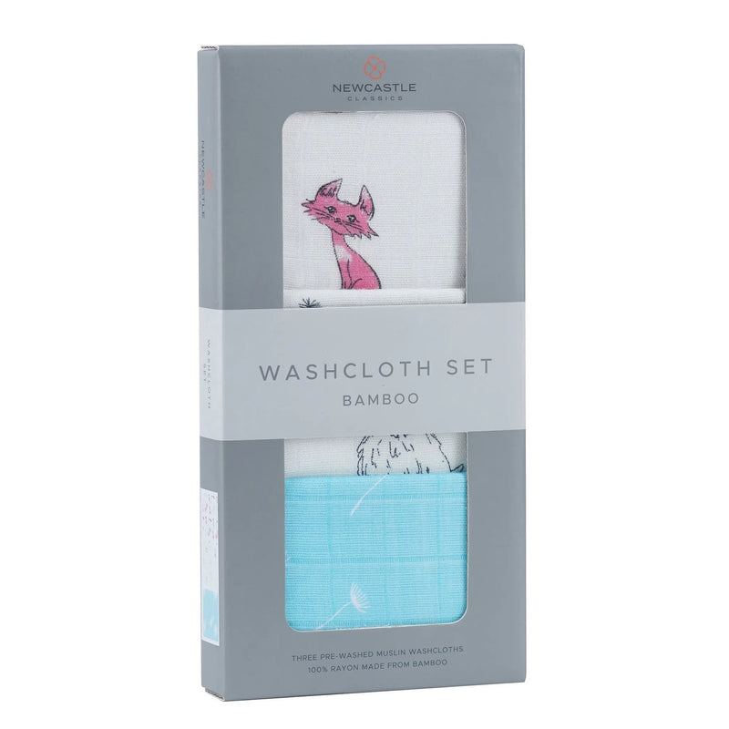 Dandelions Bamboo Washcloth Set 3PK with colorful prints and drying loop, 100% bamboo muslin.