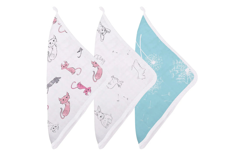 Dandelions Bamboo Washcloth Set 3PK with colorful prints and attached drying loops, size 12" x 12".