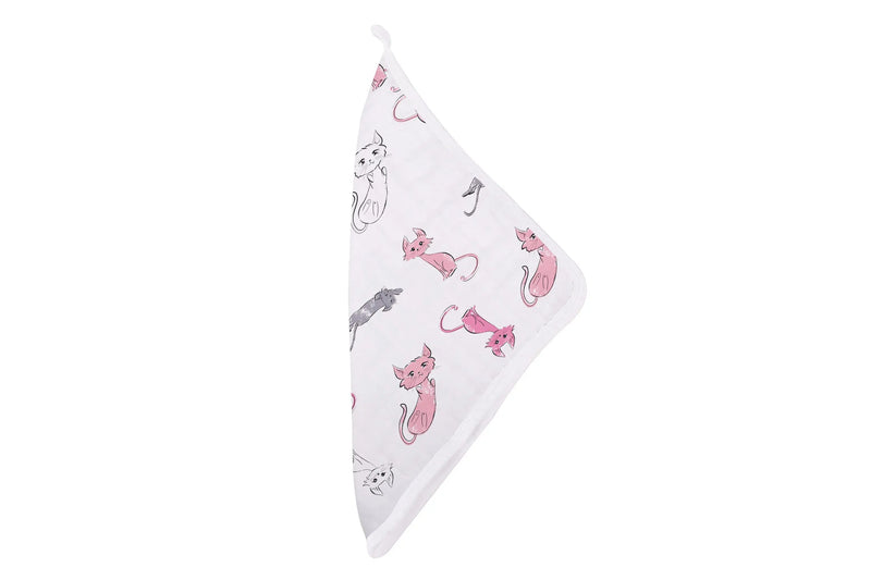 Dandelions Bamboo Washcloth with colorful cat prints and drying loop.