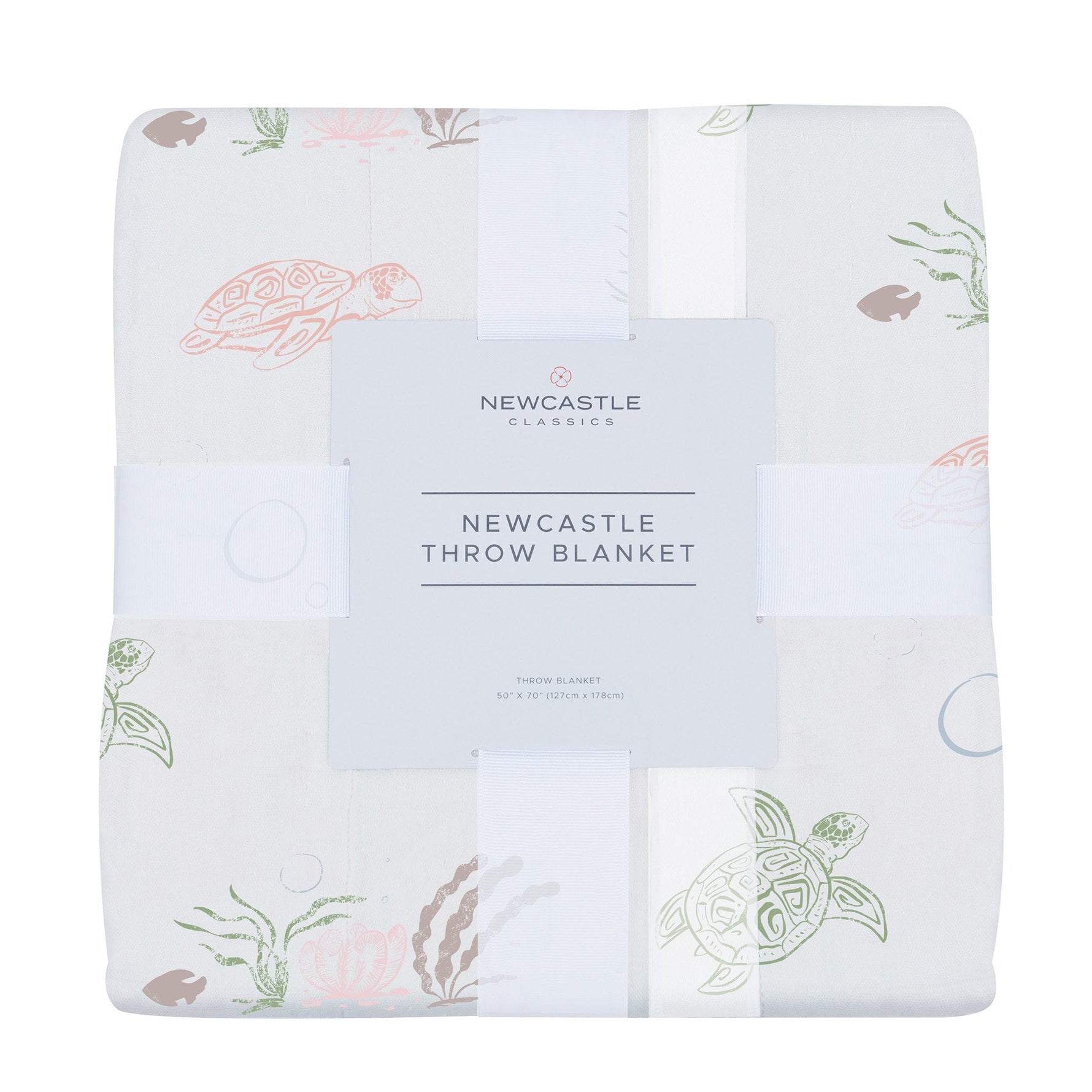 Bamboo muslin throw blanket printed with a turtle pattern, spread out flat