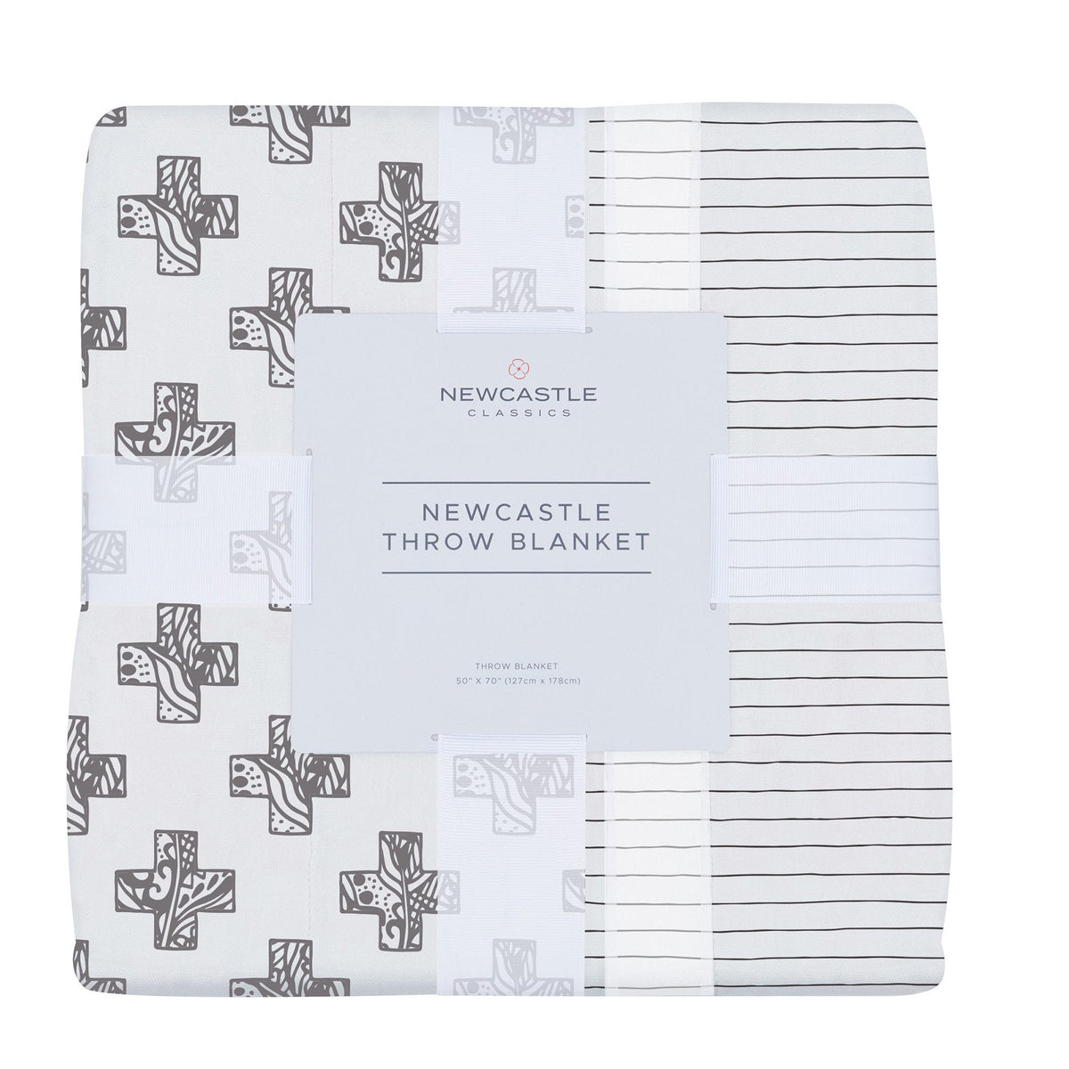 Bamboo muslin throw blanket with Nordic stamp and pencil stripe pattern in soft neutral tones
