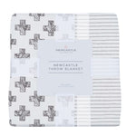 Bamboo muslin throw blanket with Nordic stamp and pencil stripe pattern in soft neutral tones