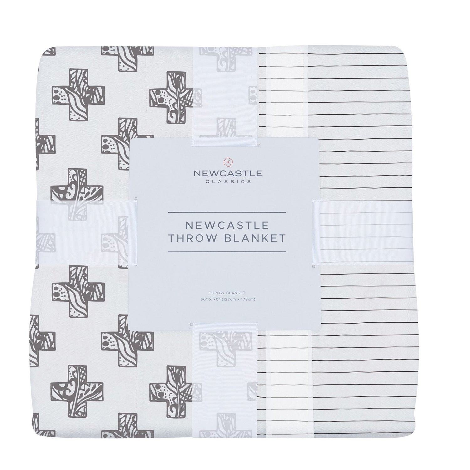 Bamboo muslin throw blanket with Nordic stamp and pencil stripe pattern in soft neutral tones