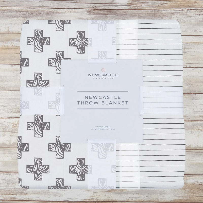Nordic Stamp and Pencil Stripe Bamboo Muslin Newcastle Throw Blanket, 100% bamboo, 50” x 70”.