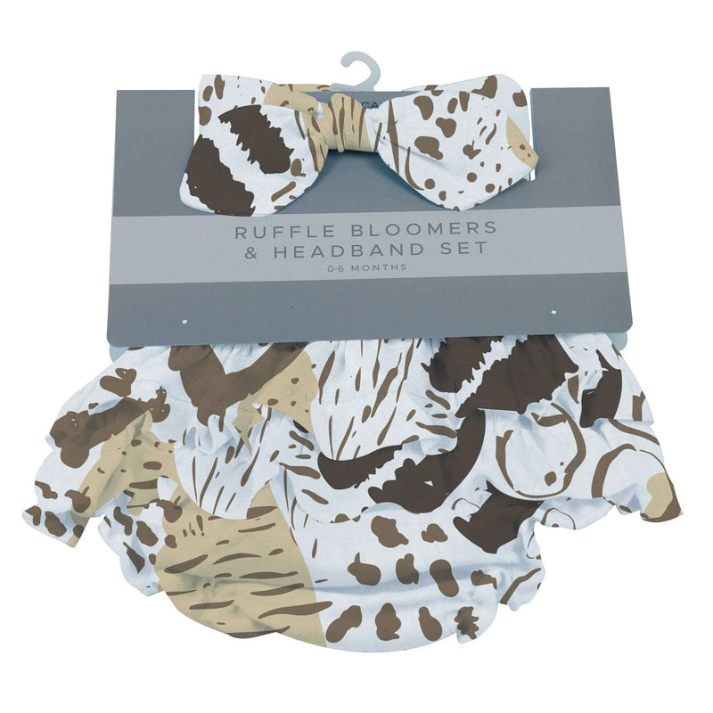 Animal print ruffle bamboo bloomer and headband set for babies, 0-6 and 6-12 months.
