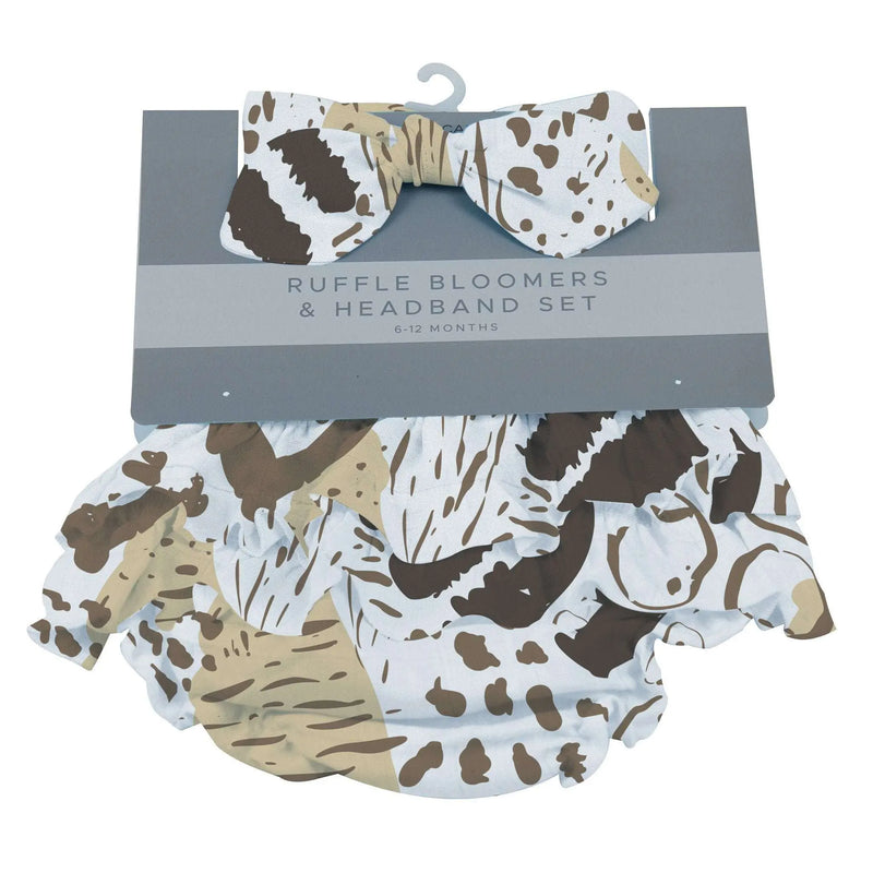 Animal print ruffle bamboo bloomer and headband set for babies.