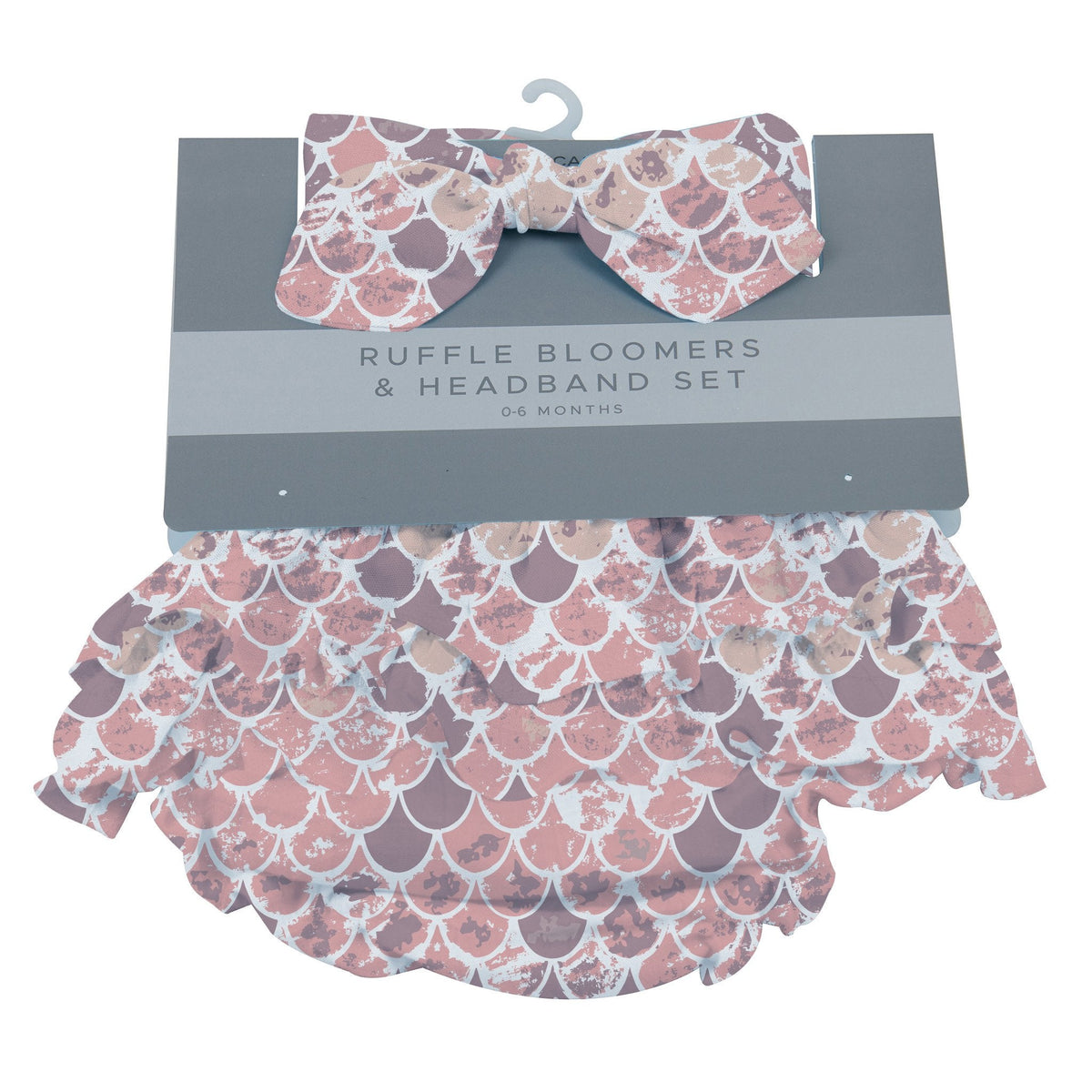 Pink ruffle bamboo baby bloomer with matching headband in a scales pattern.