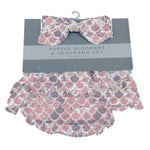 Pink ruffle bamboo baby bloomer with matching headband in a scales pattern.