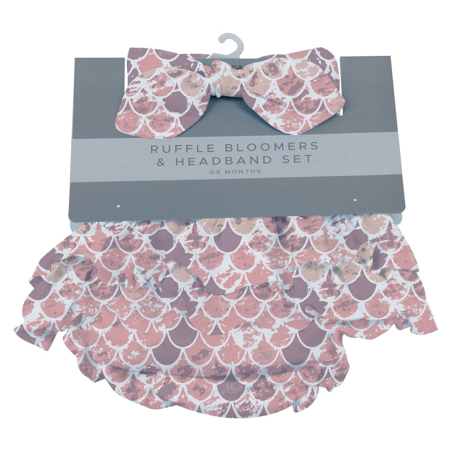 Pink ruffle bamboo baby bloomer with matching headband in a scales pattern.