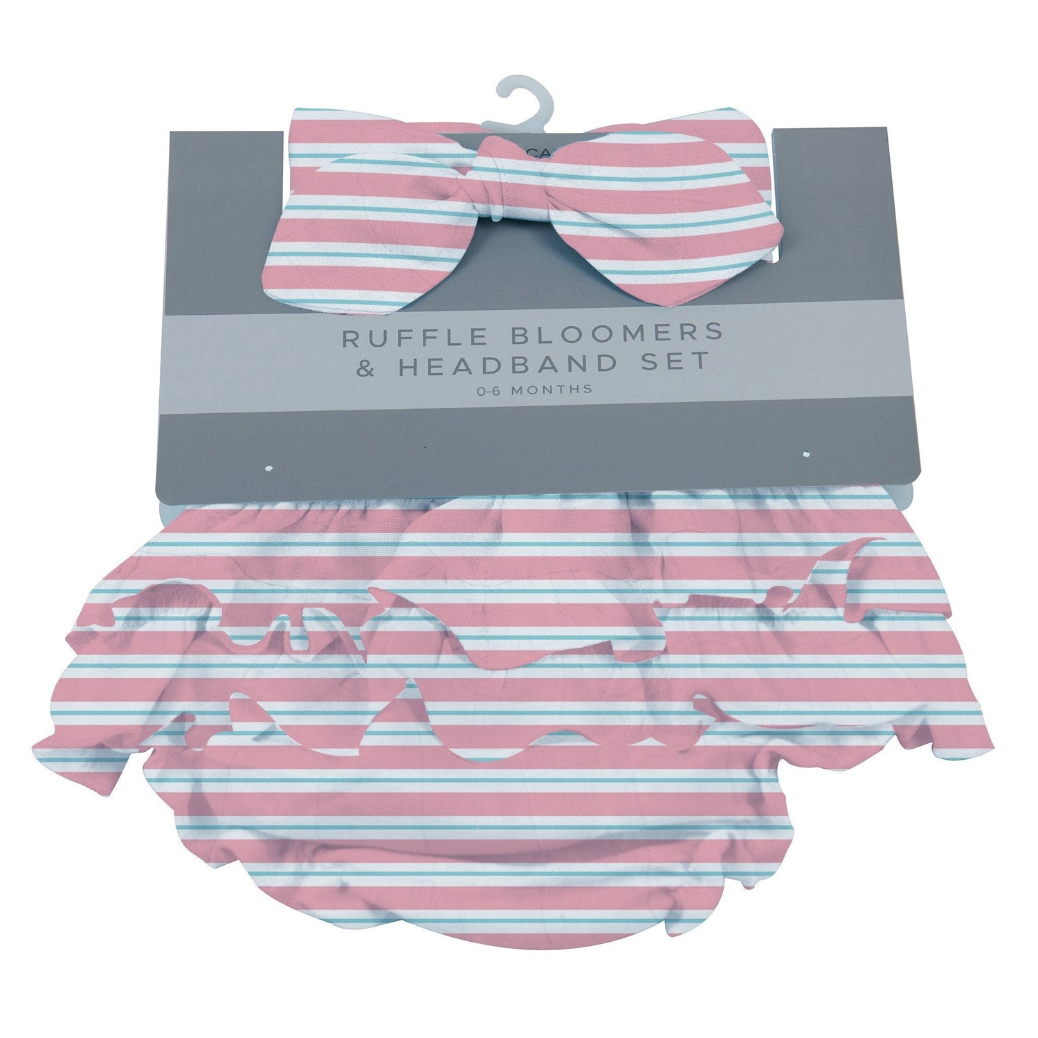 Candy stripe ruffle bloomer with matching bow headband in pink stripes