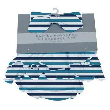 Blue and white stripe ruffle bamboo bloomer and headband set for babies.
