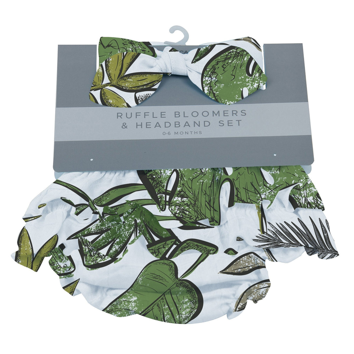 Baby ruffle bloomers and matching headband in a green tropical forest print with ruffle detailing