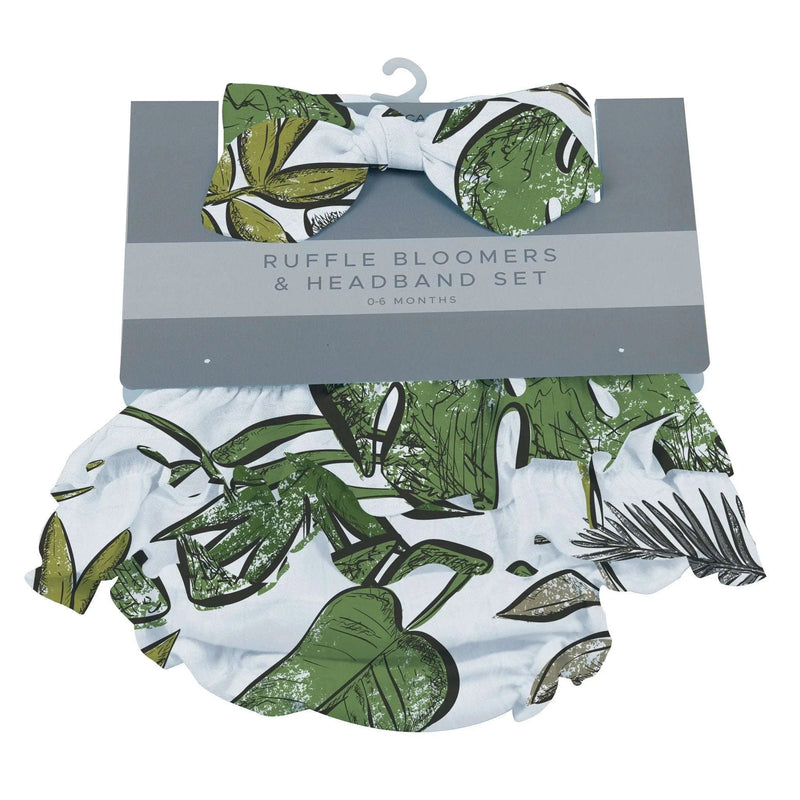 Tropical Forest Ruffle Bloomers and Headband Set for infants, Dino Days Collection, 100% cotton.