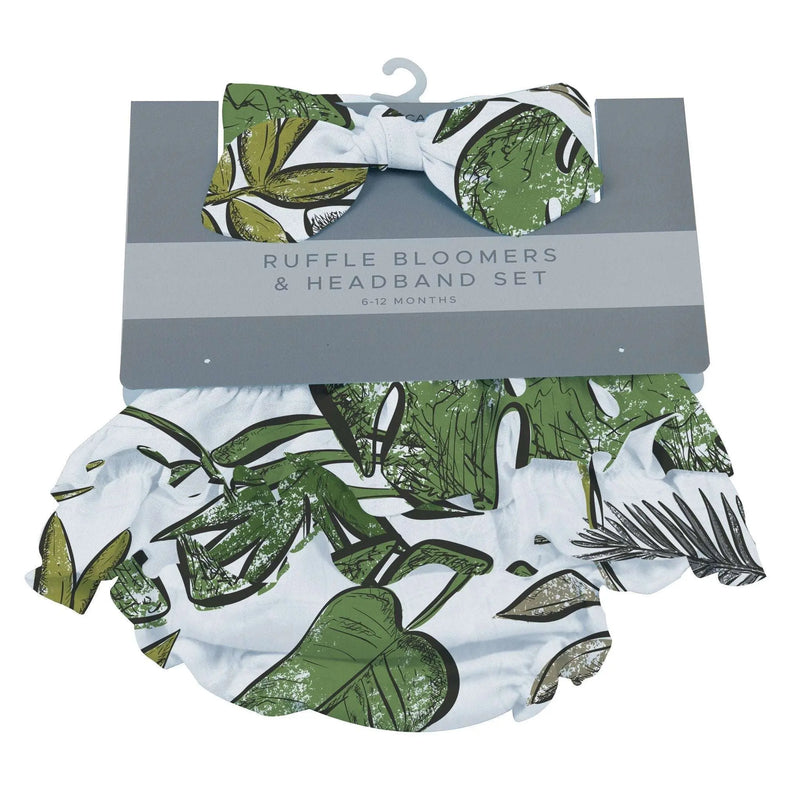 Tropical Forest Ruffle Bloomers and Headband Set in green leaf print, 100% cotton, available for 0-12 months.