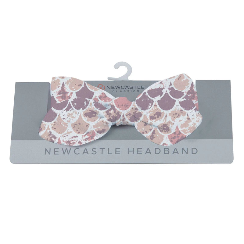 Scales Bamboo Baby Headband with sea-inspired pattern on packaging, 100% bamboo, one size fits all.