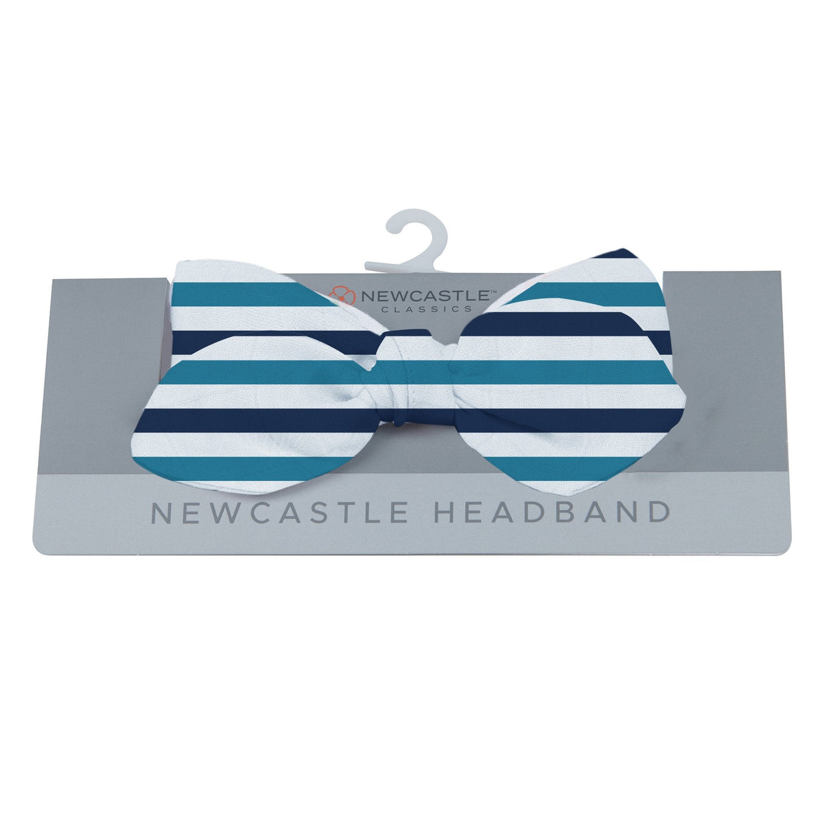 Baby headband in blue and white stripes made from bamboo fabric