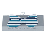 Baby headband in blue and white stripes made from bamboo fabric