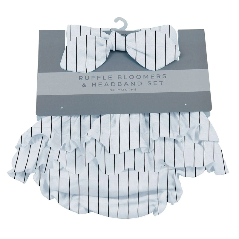 Pencil Stripe Ruffle Bloomers and Headband Set for babies, 100% bamboo, available in 0-6 and 6-12 months.