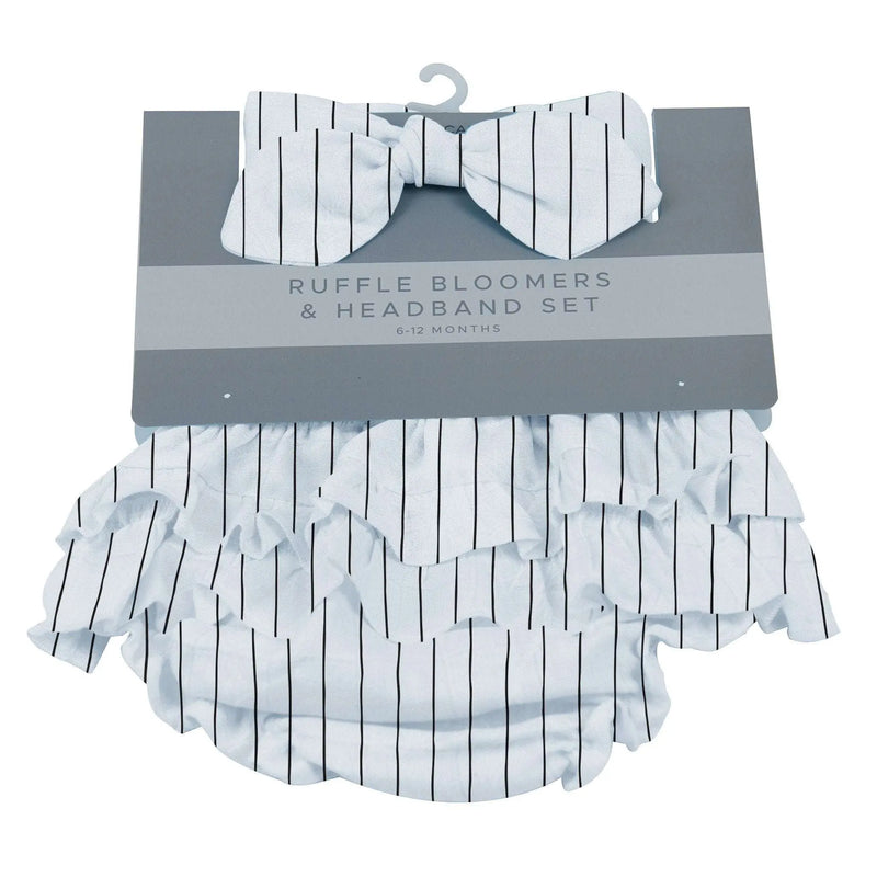 Pencil Stripe Ruffle Bloomers and Headband Set in bamboo fabric for infants, available in 0-6 and 6-12 months.