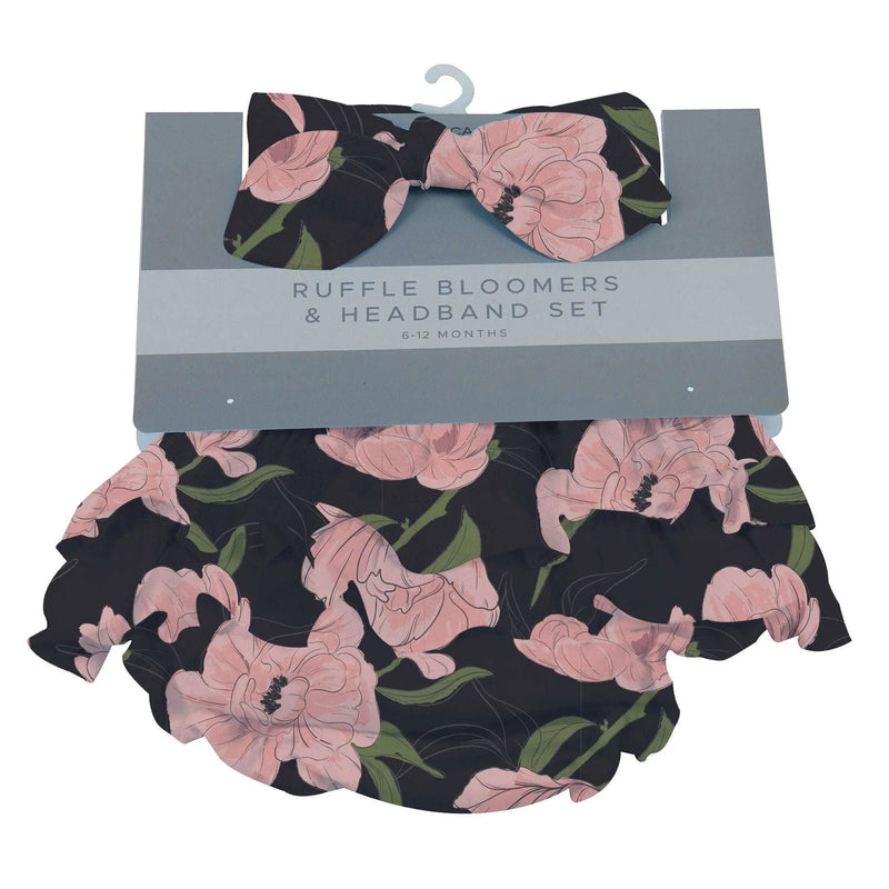 Peonies Ruffle Bloomers and Headband Set for infants, available in 0-6 and 6-12 months, made from 100% bamboo.