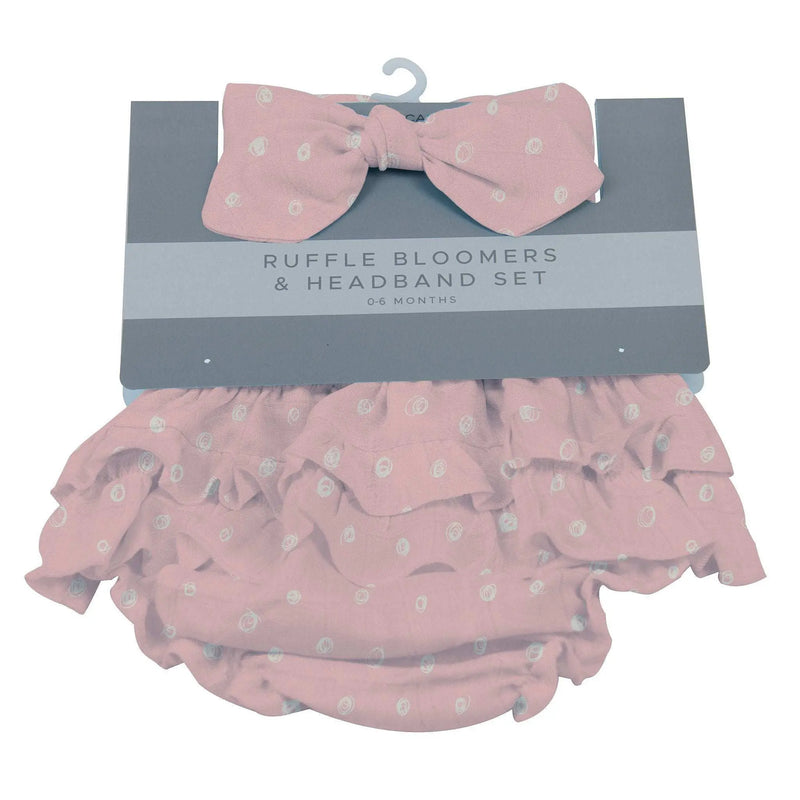 Pink Pearl Polka Dot Ruffle Bloomers and Headband Set for infants, 100% bamboo.