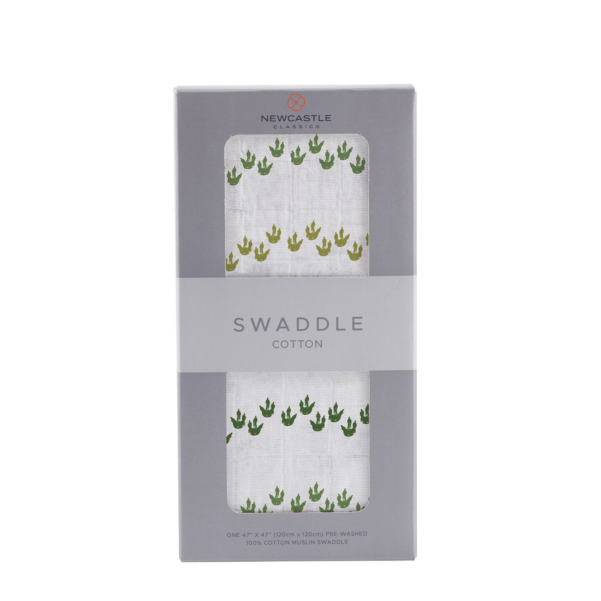 Cotton muslin swaddle blanket printed with a playful dinosaur feet pattern