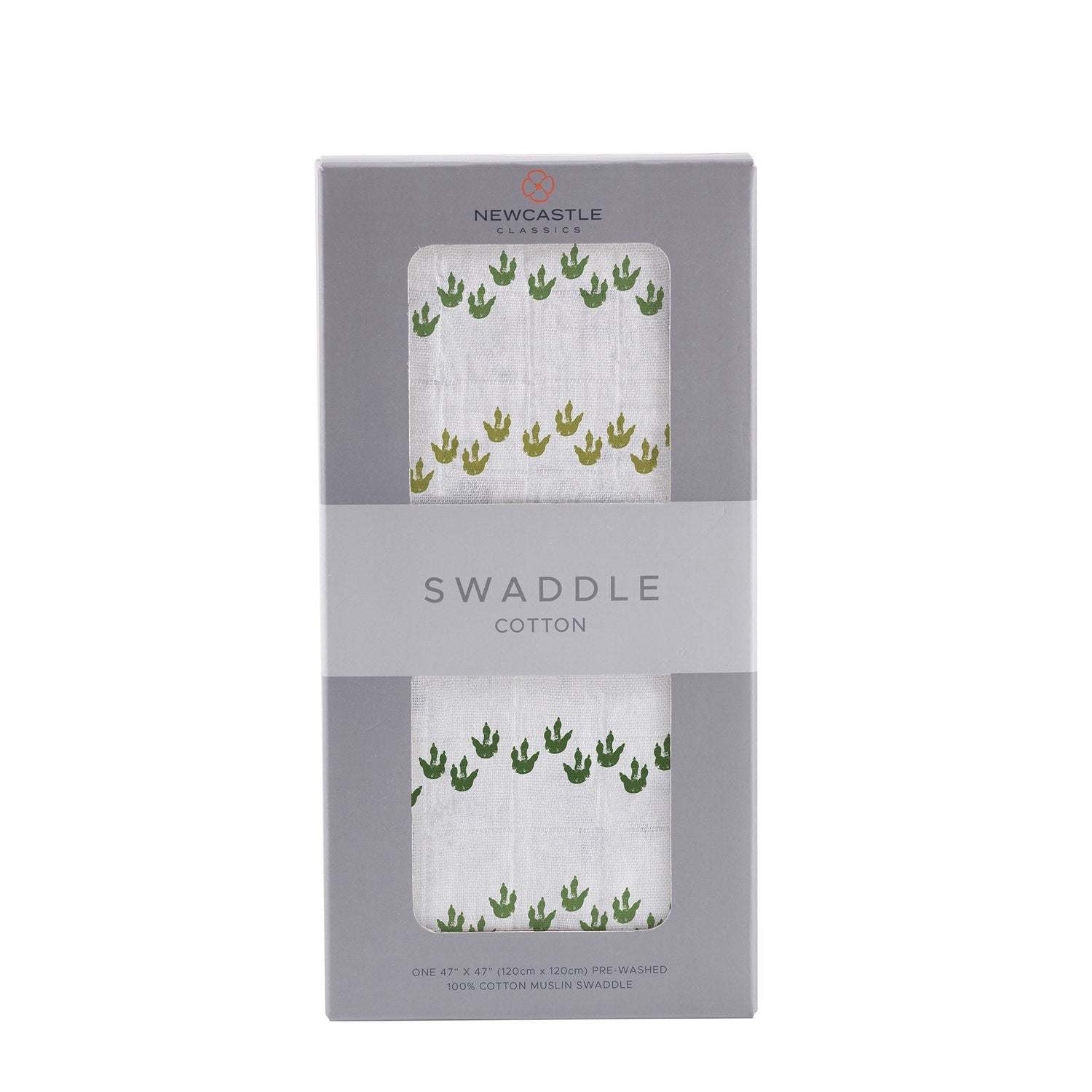 Cotton muslin swaddle blanket printed with a playful dinosaur feet pattern
