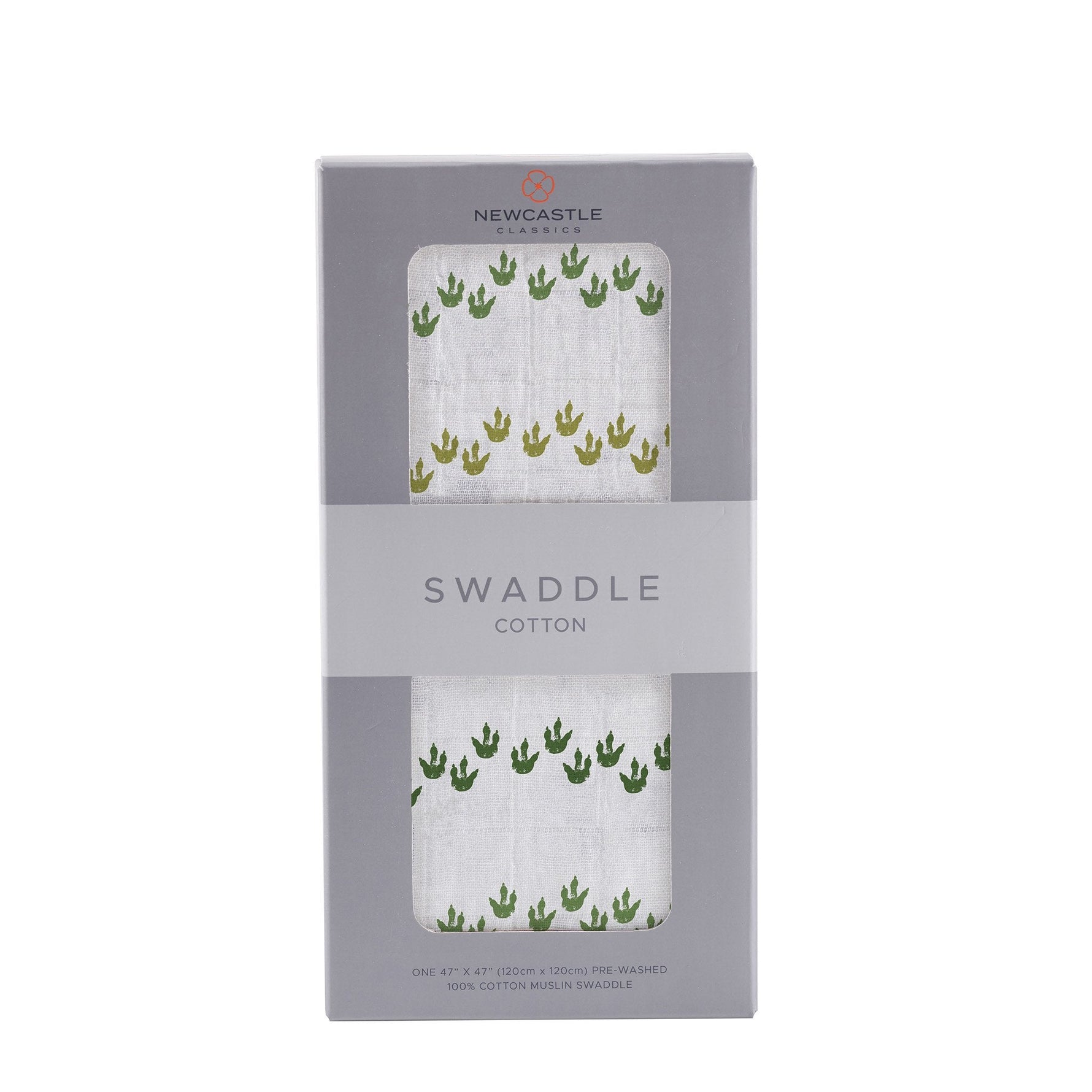 Cotton muslin swaddle blanket printed with a playful dinosaur feet pattern