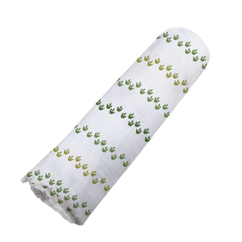 Dino Feet Cotton Muslin Swaddle with dinosaur footprint pattern, made from 100% natural cotton, 47" x 47".