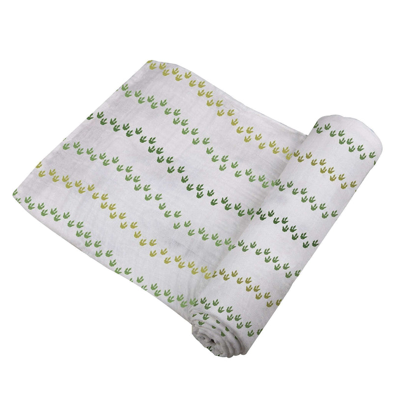 Dino Feet Cotton Muslin Swaddle with dinosaur footprint pattern, 100% natural cotton muslin.