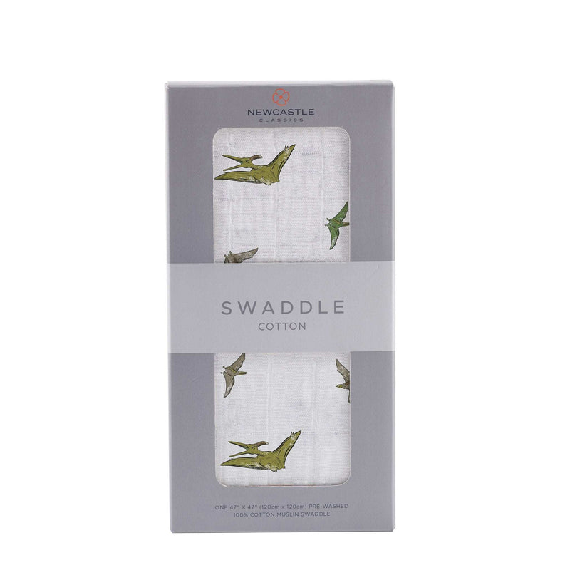 Pteranodon cotton muslin swaddle in packaging, 100% natural cotton, 47x47 inches.