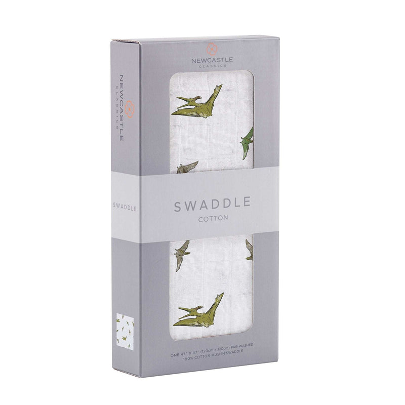 Pteranodon Cotton Muslin Swaddle in packaging, soft breathable fabric.