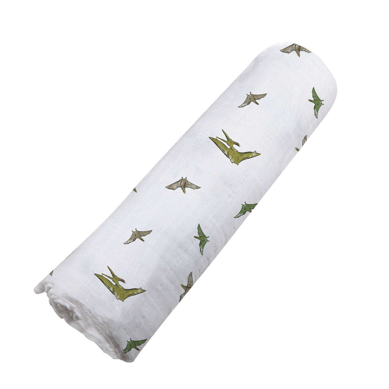 Pteranodon Cotton Muslin Swaddle with dinosaur print, 100% natural cotton, 47" x 47".
