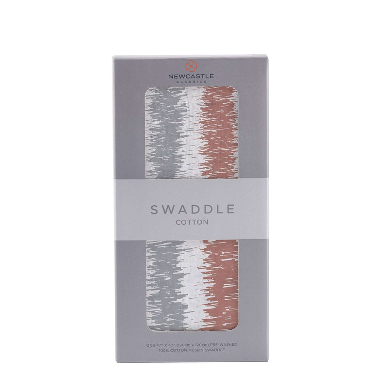 Western Stripe Swaddle in packaging, 100% natural cotton muslin.