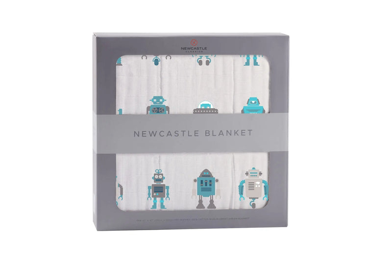 Robots-themed cotton muslin Newcastle blanket in packaging.