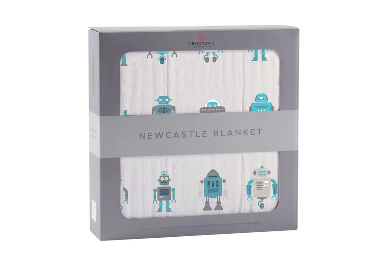 Robots Cotton Muslin Newcastle Blanket in packaging, featuring blue and grey robot designs.