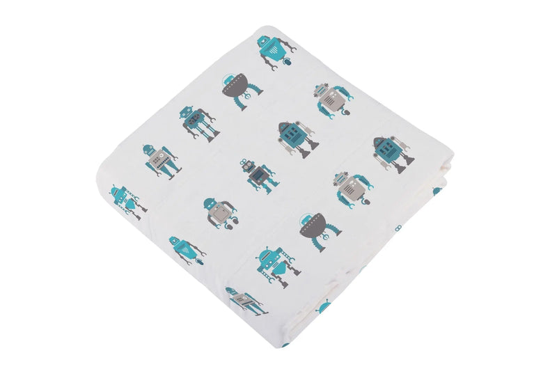 Robots Cotton Muslin Newcastle Blanket, soft and breathable, with robot print design.