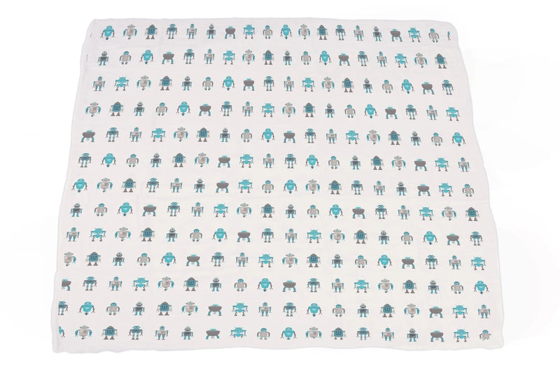 Robots cotton muslin blanket with blue and gray robot pattern.